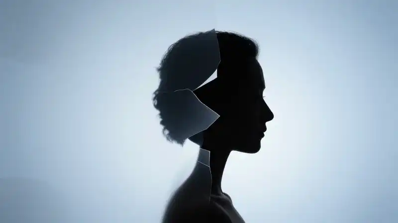 A human profile split between steady light and fractured shadows