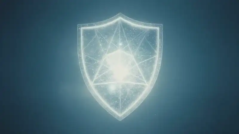 A shimmering geometric shield glows within a soft blue mist