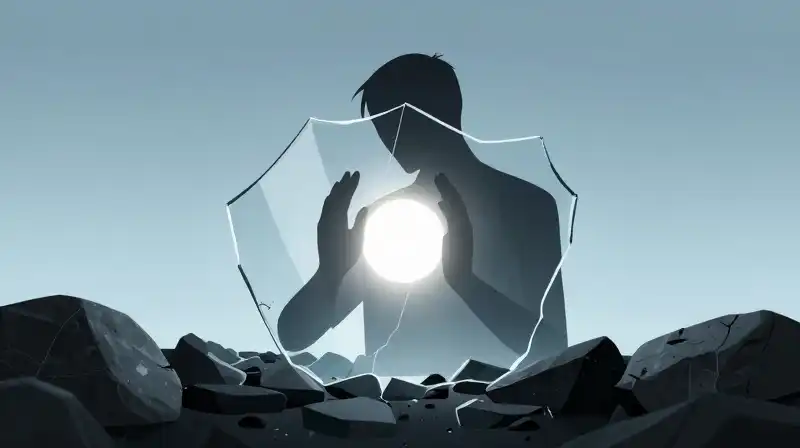 A silhouette protects a glowing core amidst glass and stone