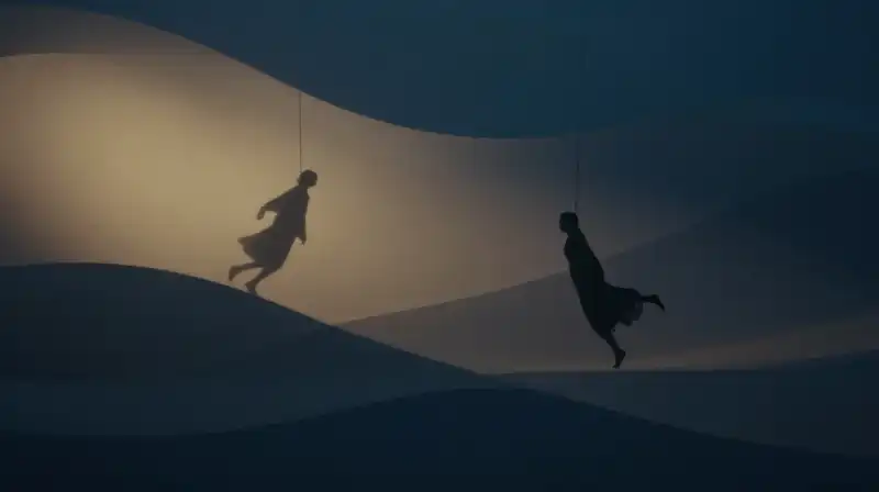 Silhouetted figures drift apart amidst swinging golden and shadowy waves