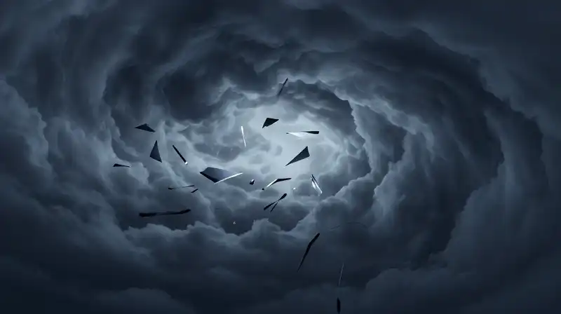Geometric shards collide amidst swirling, deep blue storm clouds