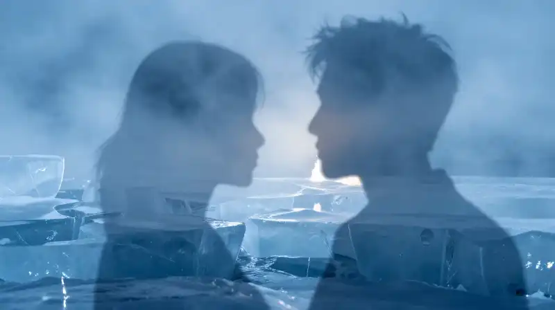 Two overlapping geometric silhouettes merge in blue mist and fire