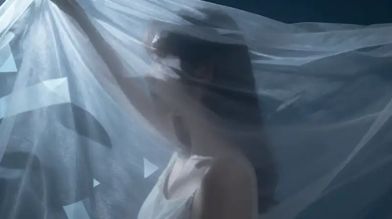 A soft silhouette is partially hidden behind translucent silk veils