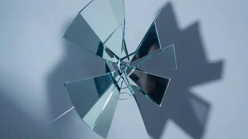 A fractured mirror reflects distorted shapes amidst shifting blue shadows
