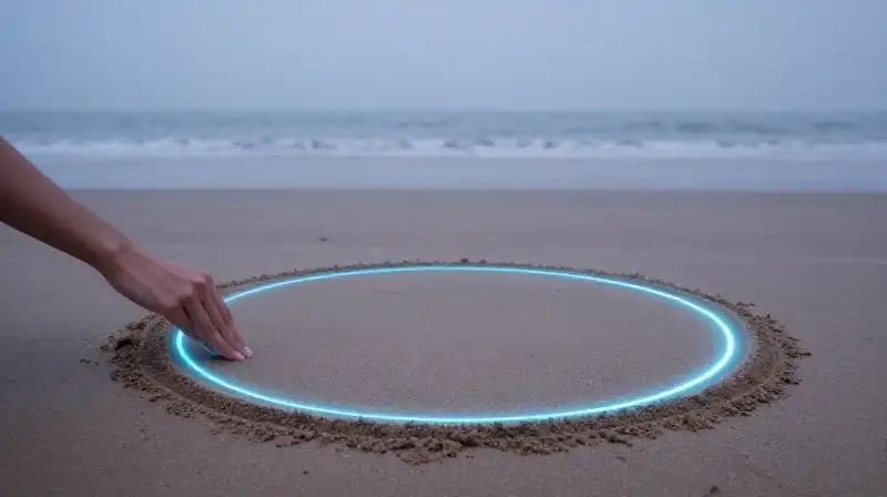 A hand carves a glowing blue circle in soft sand