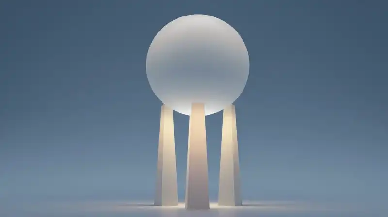 Three glowing geometric pillars support a translucent, floating sphere