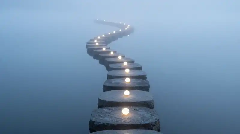 Glowing spheres line a winding path through blue mist