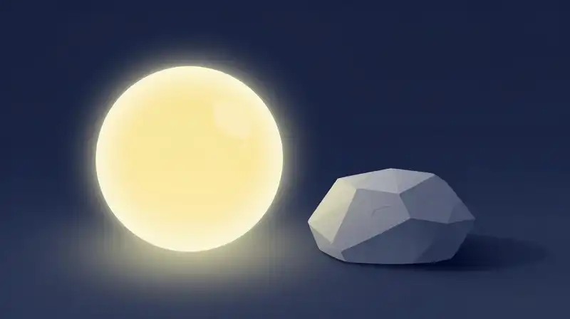 A glowing sphere balances against a stone on ethereal scales