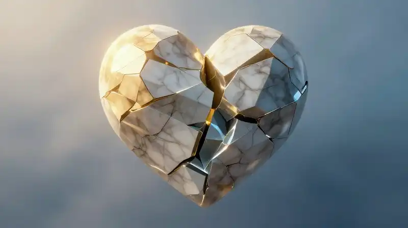 A crumbling marble heart floats amidst blue mist and shadows