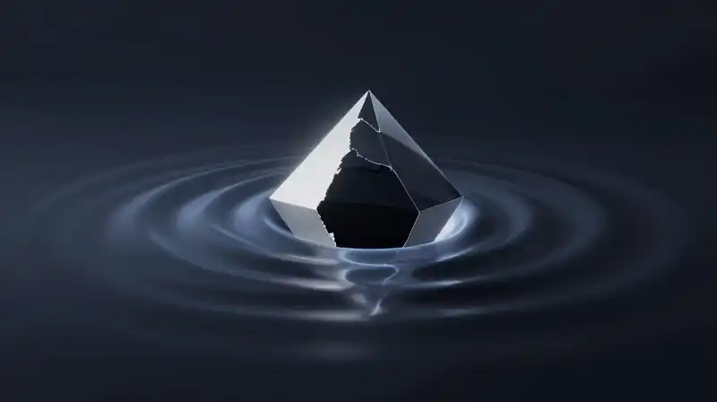 A translucent prism splits light between soft ripples and darkness