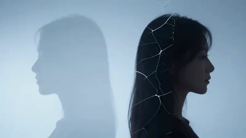 Two diverging silhouettes, one soft and one fractured, against blue
