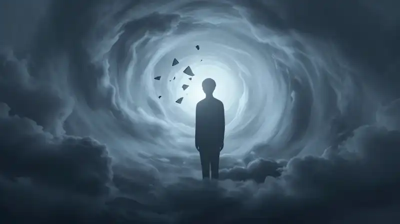 A glowing silhouette stands amidst swirling, fractured storm clouds