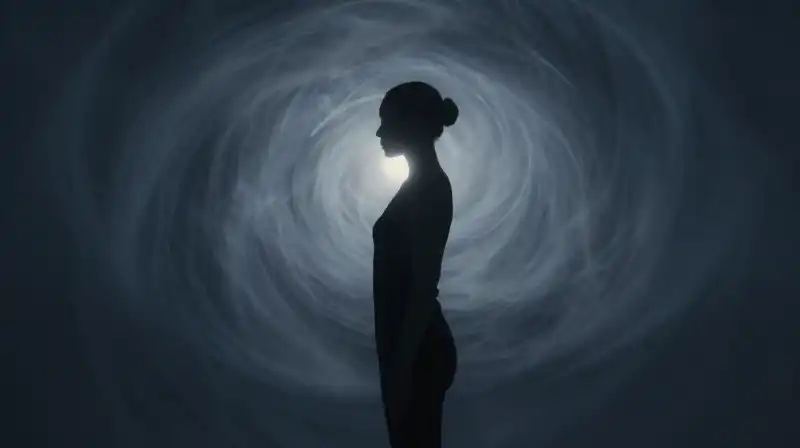 A calm silhouette stands steady amidst swirling, chaotic shadows