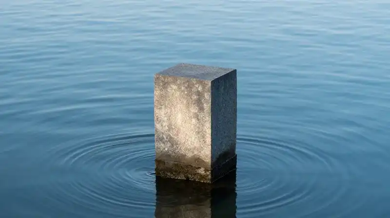 A stone pillar stands amidst flowing, calm blue water