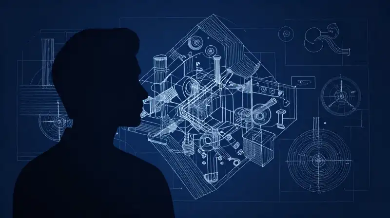 A silhouette of complex, interlocking geometric machinery in deep blue