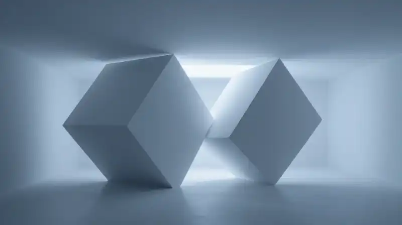Two interlocking geometric shapes float in a minimalist blue space