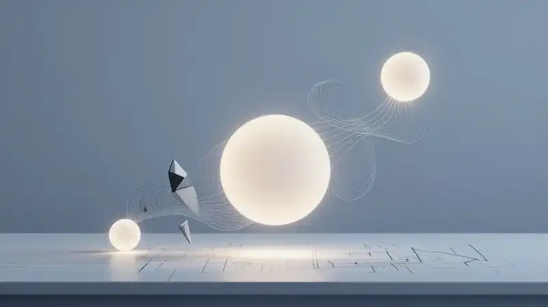 Geometric shards and glowing spheres dissolve into flowing blue lines