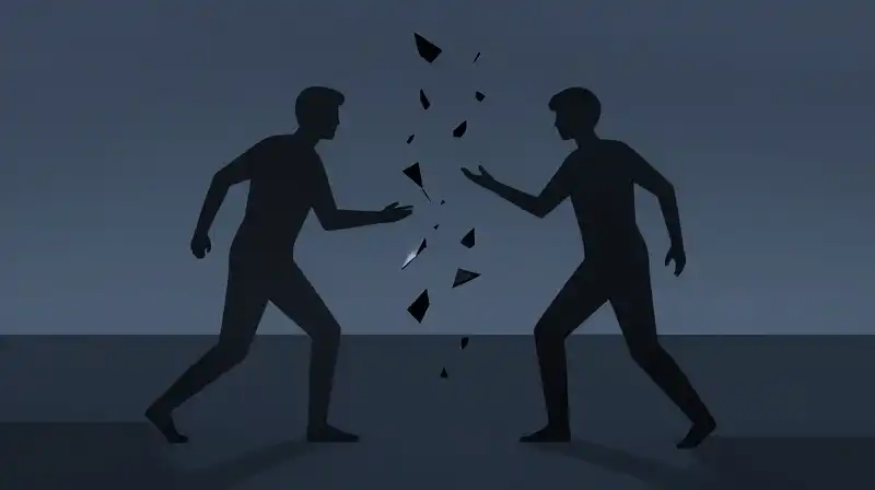 Two blue silhouettes struggle amidst fractured, sharp geometric shards