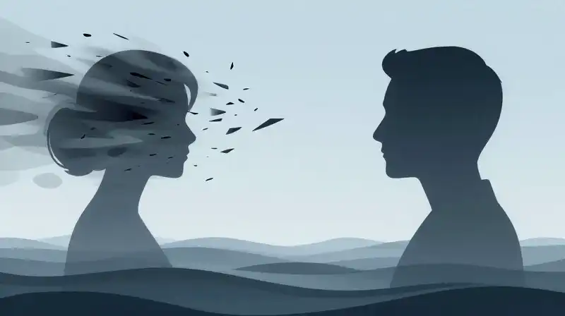 Two abstract silhouettes face each other amidst shifting geometric shards
