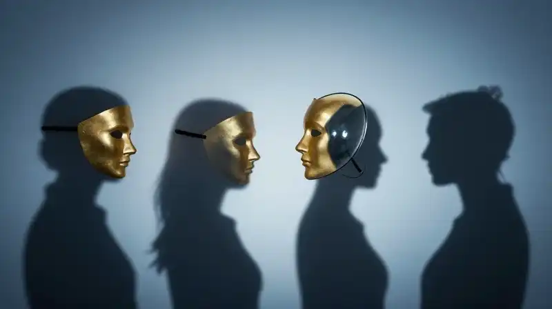 Four silhouettes cast divergent shadows against an ethereal blue background