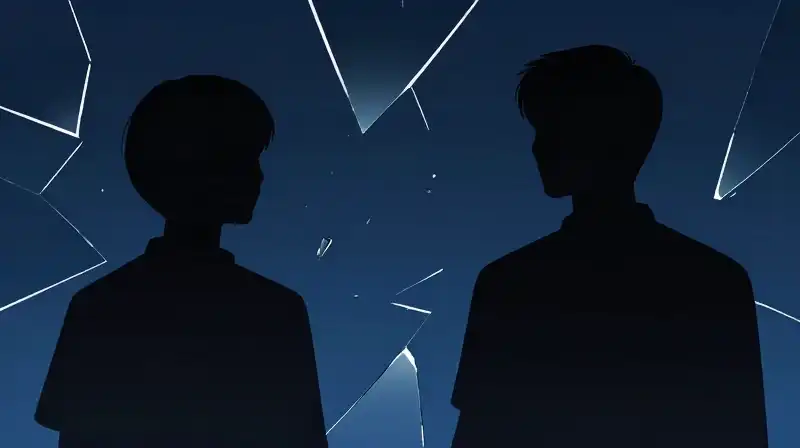 Two abstract silhouettes face away amidst fractured mirror shards