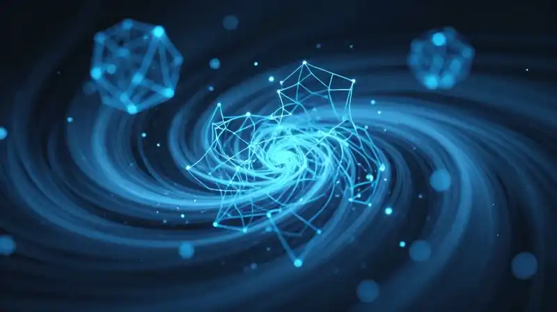 Glowing blue particles swirl through a geometric neural network