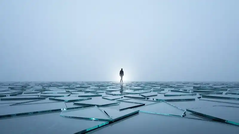 A silhouette walks through shattered glass toward distant light