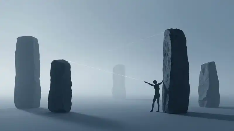 A silhouette balances heavy stones connected by a glowing thread