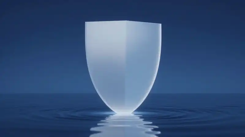 A glowing translucent shield separates two geometric shapes