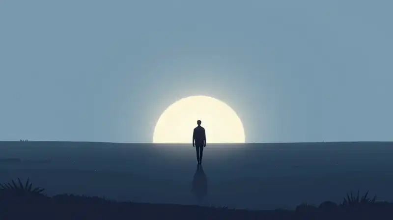 A lone silhouette walks toward a glowing, vast horizon