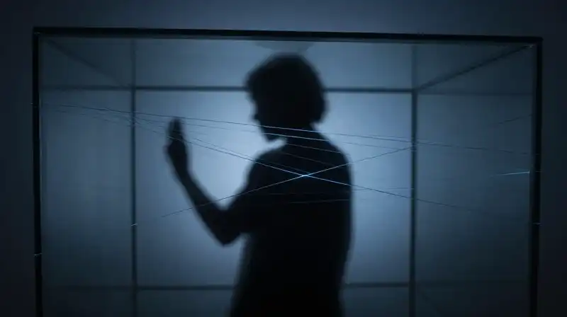 A shadowy silhouette is trapped within a blue-lit glass maze