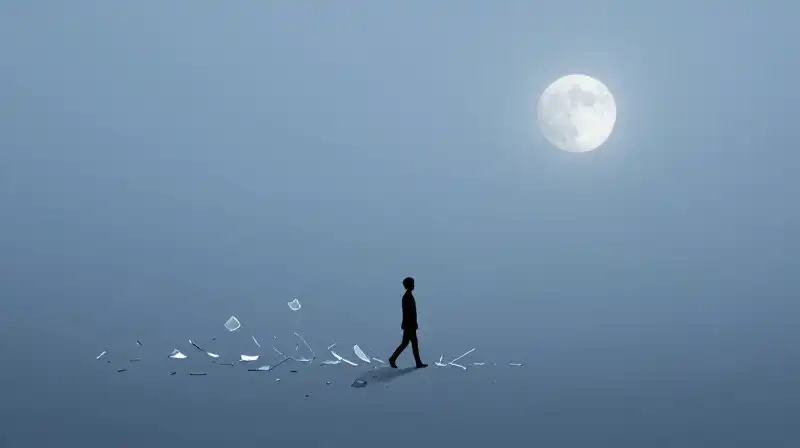 A lone silhouette walks through floating glass and ghostly echoes