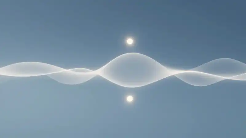 Glowing blue waves and pulsing spheres float in calm space