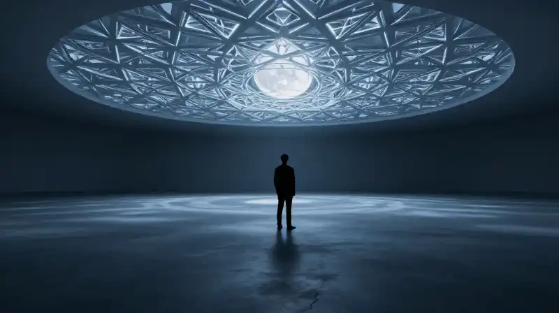 A lone silhouette stands amid glowing geometric patterns in moonlight