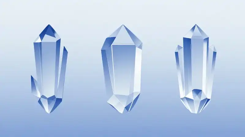 Three crystalline structures float against a soft blue blueprint