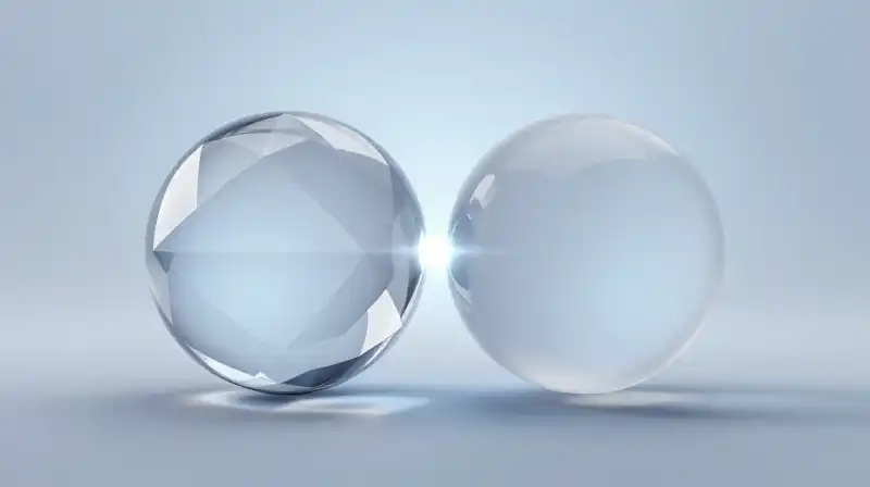 Two interlocking glass spheres glow softly in a blue void