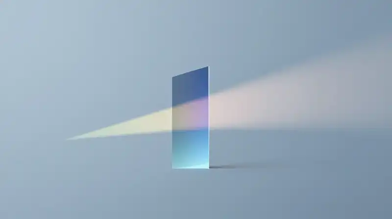 A prism splits a light beam into colorful geometric layers