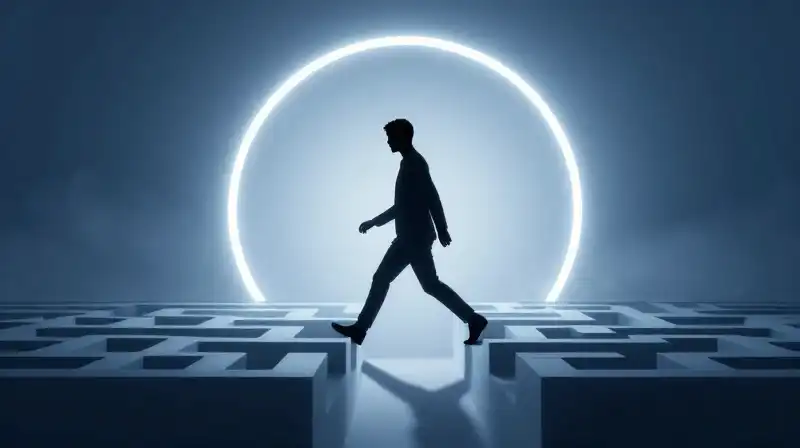 A silhouette steps through a geometric maze into blue mist