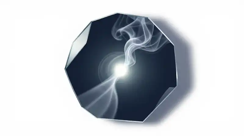 A glowing core reflects in shards amidst swirling smoke