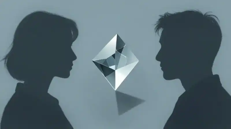 Two silhouettes merge within a fracturing, blue-hazed glass prism