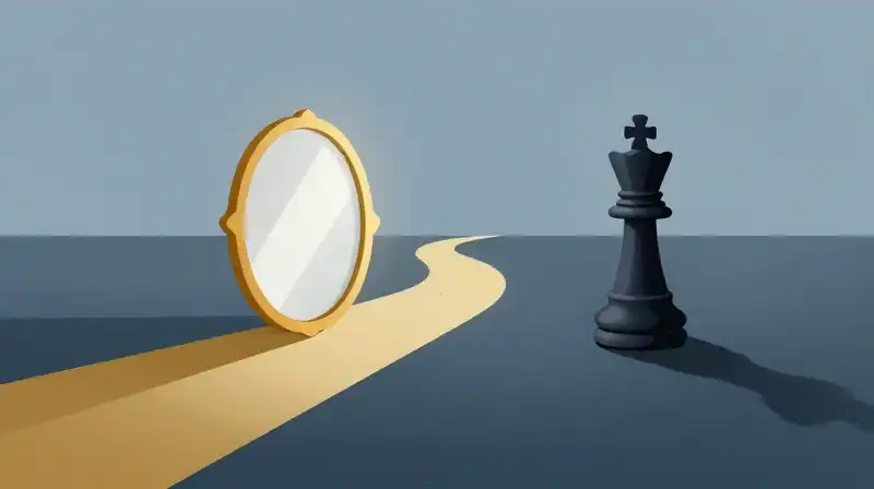 A golden mirror and a dark chess piece diverge