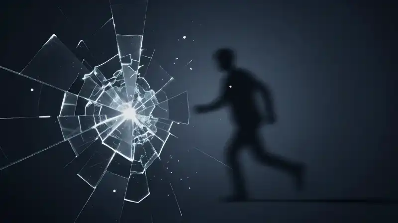 A silhouette retreats through floating glass shards into deep shadows