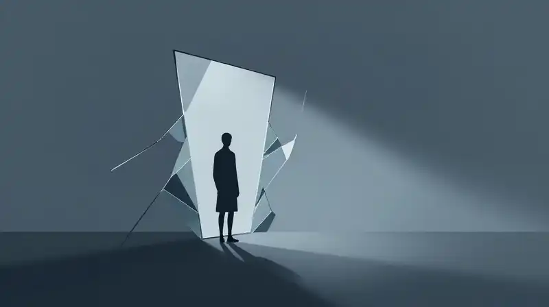 A lone silhouette stands amidst fractured mirror reflections in emptiness