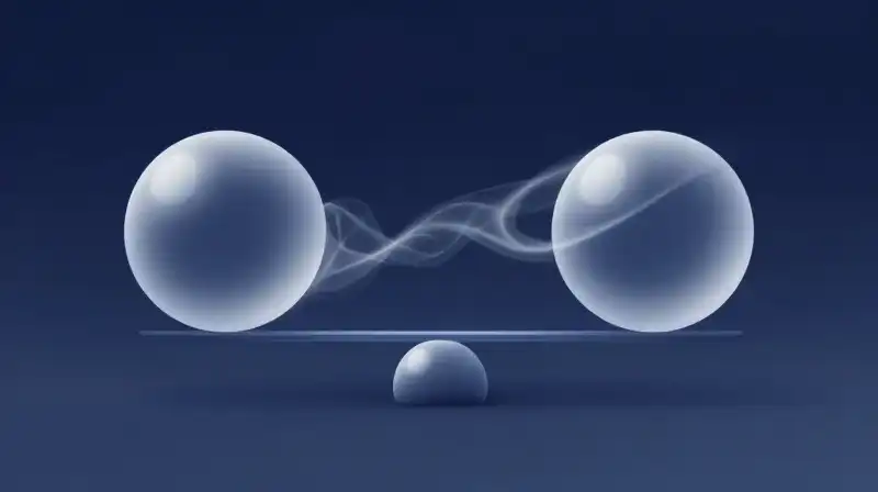Two translucent spheres balance on a scale amidst swirling smoke