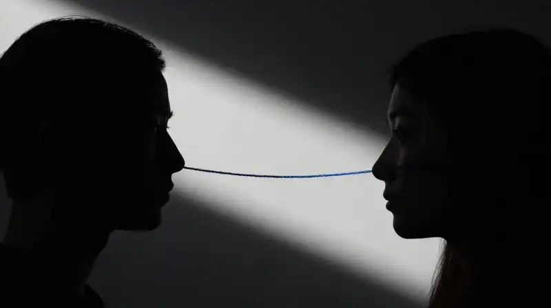 Two dark silhouettes are linked by a fraying blue thread