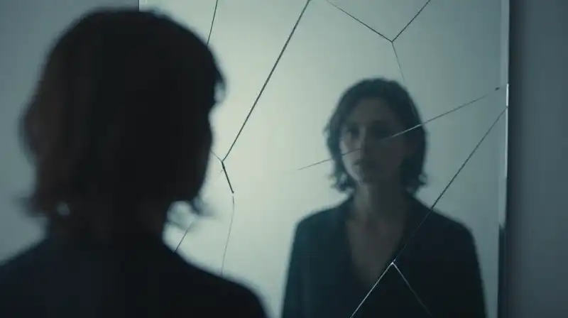 A silhouette faces a crystalline mirror of fractured geometric shadows