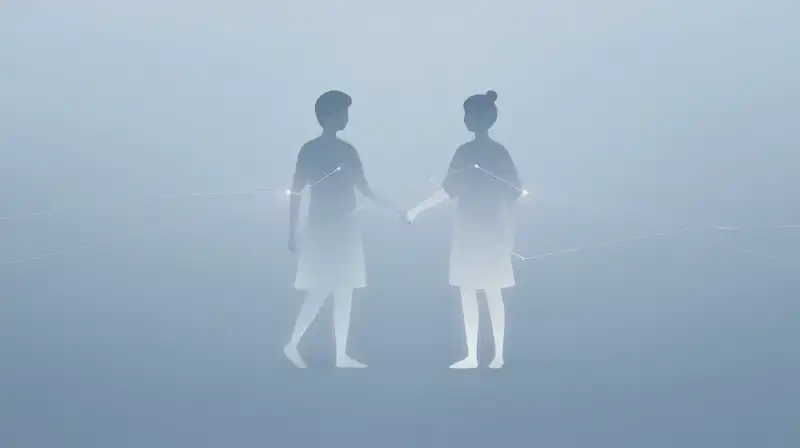 Translucent geometric silhouettes glow and connect through blue mist