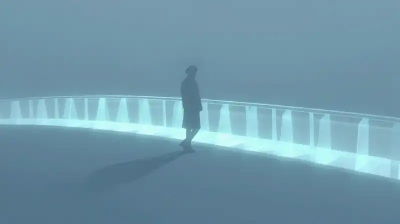A silhouette walks across a glowing geometric bridge into light