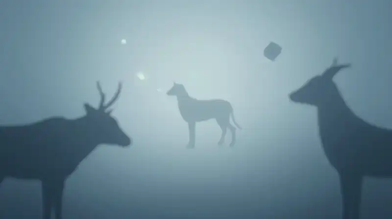 Ethereal animal silhouettes float amidst geometric fragments in blue mist