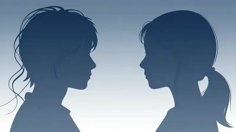 Two tangled silhouettes merge within a soft blue void